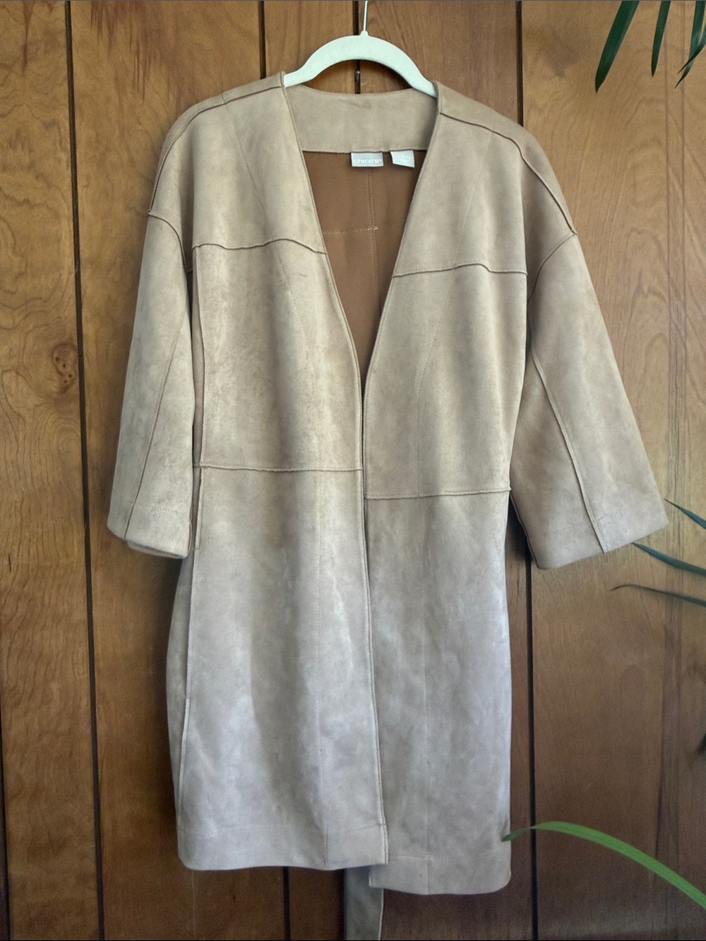 Chico's Neutral Beige Open-Front Suede-Look Trench Coat